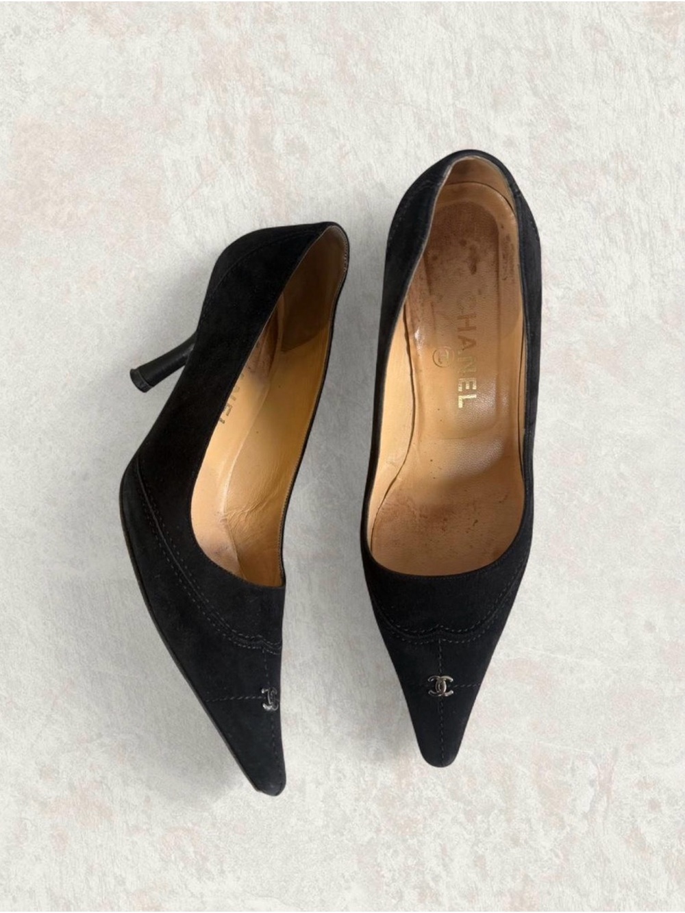 Authentic Chanel Black Suede Pointed Toe Kitten Heel Silver CC Logo Emblem